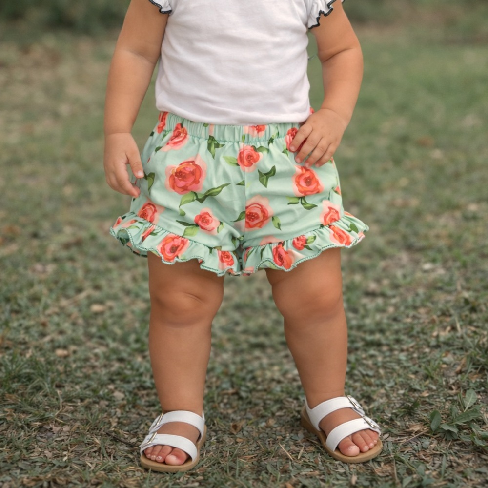 Trendy boutique Mint Rose Ruffle Cotton Shorts Shortie Cover Modesty